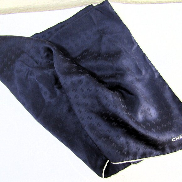 Chanel Silk Interlocking CC Logo Solid Blue White Trim 26" Square Scarf - Picture 2 of 7
